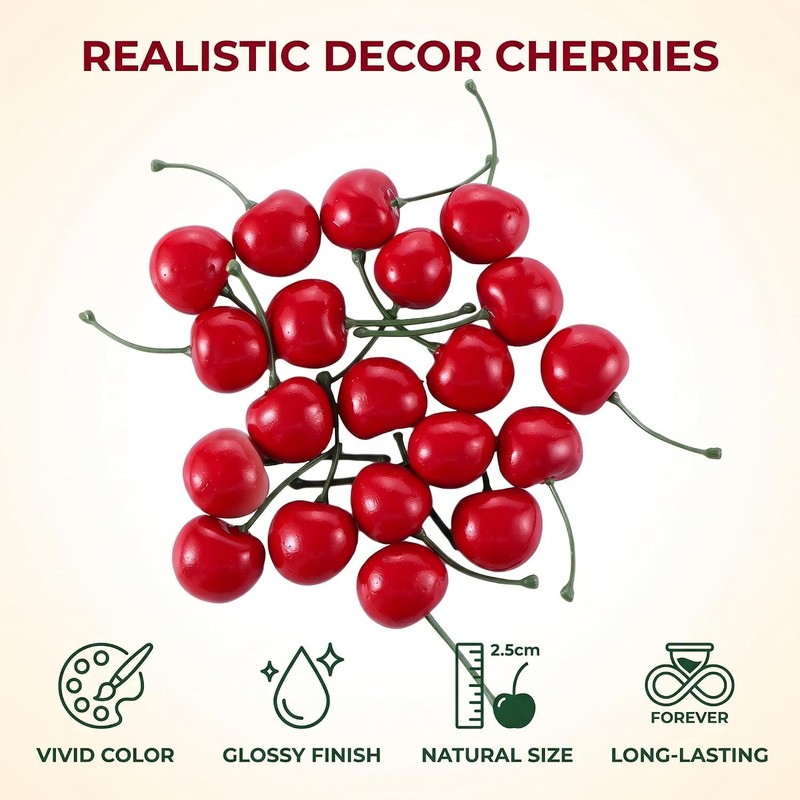 25Pcs Red Artificial Cherries, Fake Fruit Decor Simulation Cherry Model