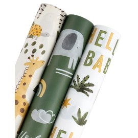 WRAPAHOLIC Kraft Baby Shower Wrapping Paper - Mini Roll - 3 Rolls - 17 Inch x 120 Inch - Hello Baby and Animal Design for Baby Shower, Birthday, Party, Holiday