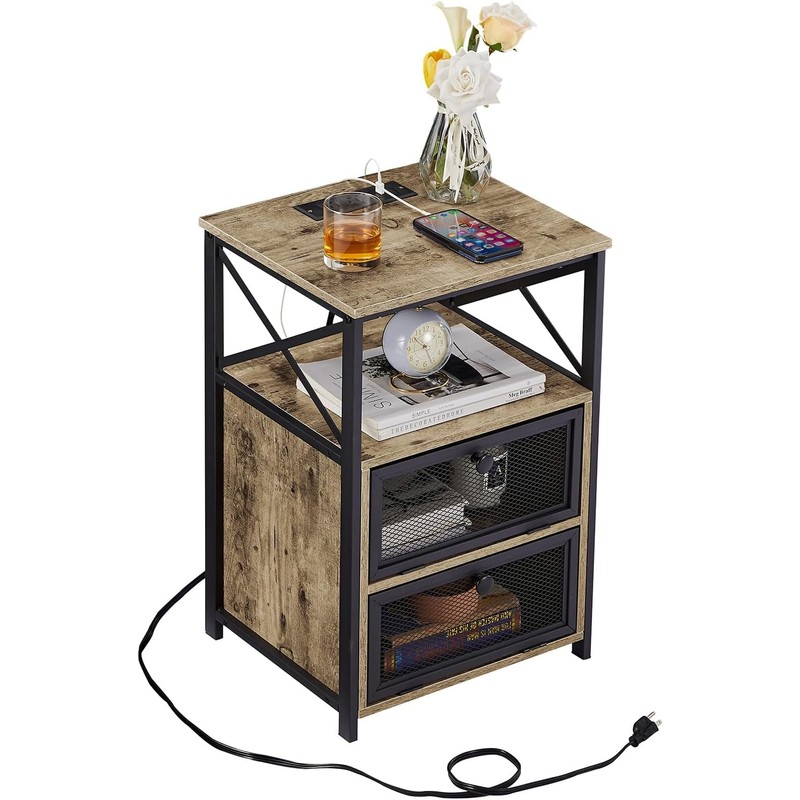 VECELO Dust Grey End Table with USB Ports and Outlets,24