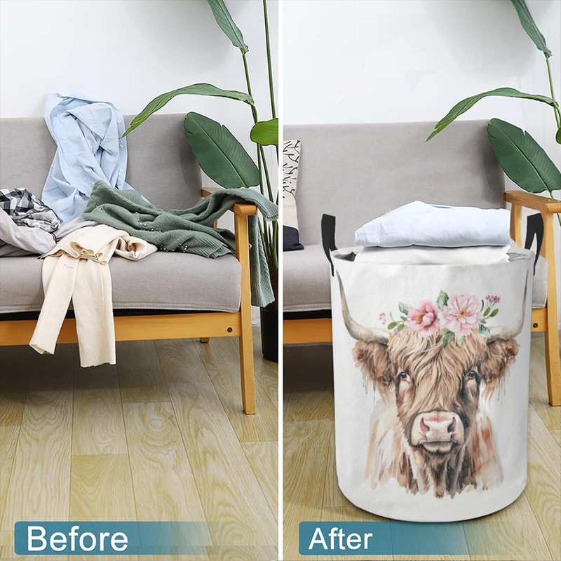 Laundry Basket Pink Floral Highland Cow Collapsible Laundry Hamper with