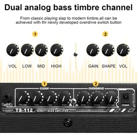 TS112 Bass Guitar Amp 30W Electric Guitar Bass Combo Amplifier with Onboard Clean and Distortion Overdrive Dual Tone Switching Practice.