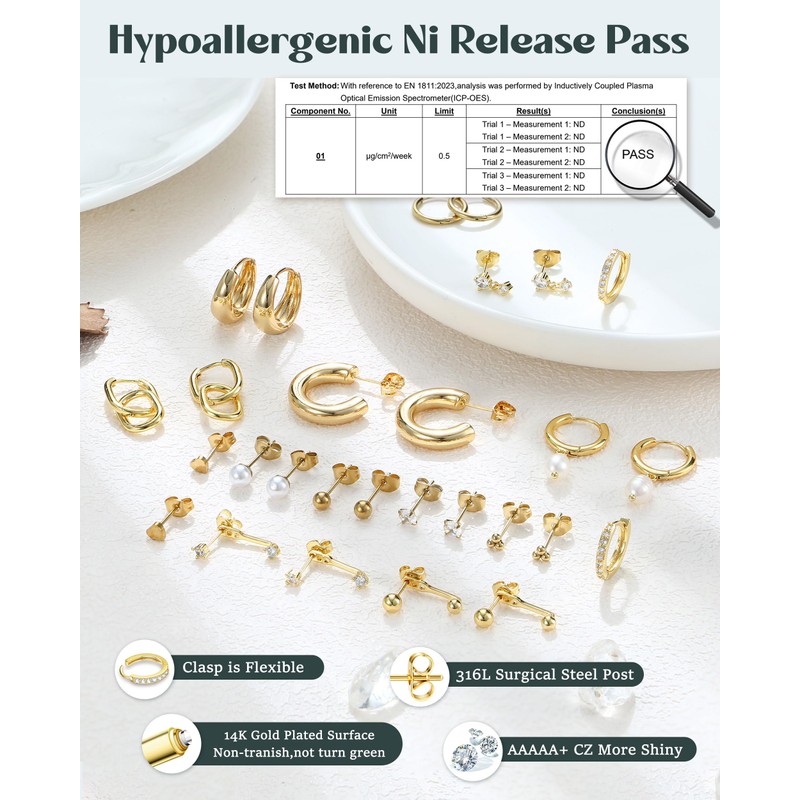 Hypoallergenic Gold Stud Hoop Earrings for Women Lightweight Small 14K