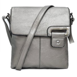 AOSSTA Women's Cross Body Shoulder Messenger Bag Multiple Slip and Zip Pockets Handbag with Storage Pocket Adjustable Strap (Silver Grey)