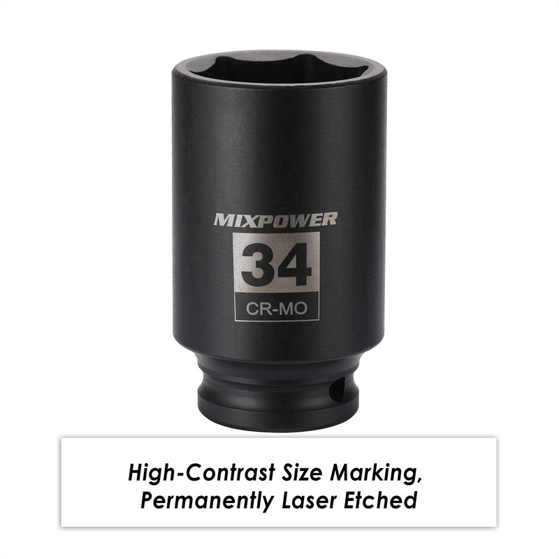 MIXPOWER 1/2" Drive Deep Impact Socket, CR-MO, 34 mm, METRIC,