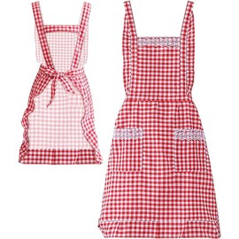 AMJKEJI Apron for Women, Classic Vintage Red and White Gingham Apron with 2 Pockets, Waterproof Kitchen Aprons, Chef Apron for Cooking Baking Gardening, Gifts for Mom Wife Girlfriend Grandma