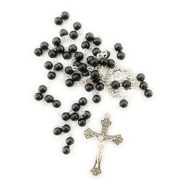 Boy's First Holy Communion Gift Glass Black Rosary & Small Standing Cross