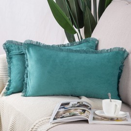 MADIZZ Set of 2 Suede Throw Pillow Covers with Fringe Tassels 12x20 Inch Teal Soft Decorative Cushion Cover for Sofa Bedroom Pillow Shell