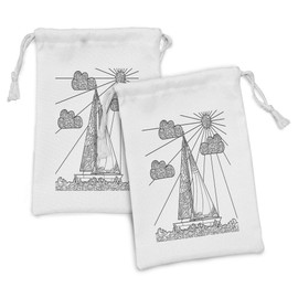 Ambesonne Nautical Fabric Pouch Set of 2, Doodle Boat Floating on Waves Ornate Features in Ocean Theme Art, Small Drawstring Bag for Toiletries Masks and Favors, 9" x 6", Black White