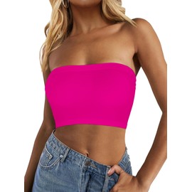 Tube Tops for Women Summer Crop Top Basic Casual Bandeau Going Out Strapless Short Shirt(Neon Pink,One Size Regular)
