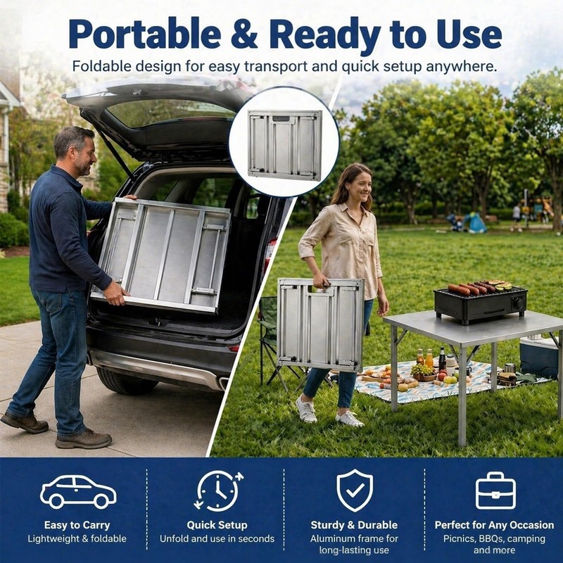 Portable Stainless Steel Metal Folding Table 31.5"x31.5" No-Assembly