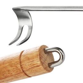 COM-FOUR BBQ Grill Hook, Premium Barbecue Utensils, Meat Turner Hook with Wooden Handle and Pigtail Hook, High-Quality Reversible Claw for Turning Large Meat Pieces