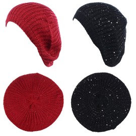 BYOS Women's Cute Subtle Sparkly Sequin Cable Knitted Crochet Beret Beanie Hat,Mid-Weight Lightweight (2-Pack Red & Black)