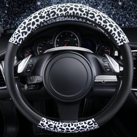 Forala Cheetah Car Steering Wheel Cover Luxurious Plush Leopard Print Leather Cute Car Wheel Protector Universal 15 Inch Fit for Vehicle, Car, Auto, SUV (White)