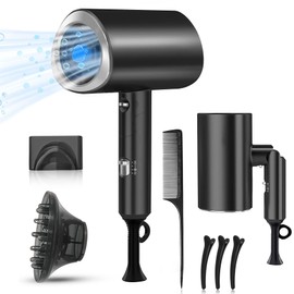 Secadora de Cabello de Iónico Negativo, 1800W Secadora de Pelo Profesional con 3 Temperatura Ajustable, Secador de Soplado Plegable con 1 Boquilla de Cabeza Soplado y 1 Difusor （Negro）