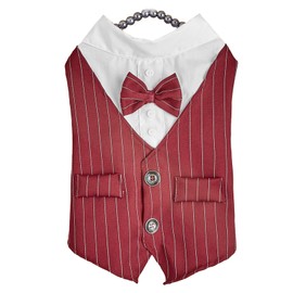 Pet Dog Suit Soft Breathable Lightweight Striped Fashionable Bow Tie Puppy Shirt Costume for Party Wedding Red XS