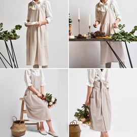 TopTie Cotton Linen Apron Cross Back Work Apron, Kitchen Apron, Christmas Apron Dress for Women with Two Pockets Beige