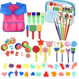YZNlife Kids Paint Brushes Sponge Kits,52 pcs Painting Brushes Tool Kit for Kids Early DIY Learning Include Foam Brushes, Pattern Brushes Set, Waterproof Apron