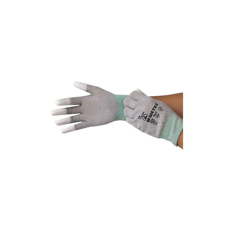 Wetec ESD Gloves, PU-Coated Fingertips, M, Carbon Thread (Protective Glove,