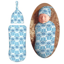 Muishi Hamsa Hand Evil Eye Newborn Swaddle Blankets Hat Sets Soft Baby Receiving Blanket Swaddle Sack for Baby Shower Infant Boy Girl Gift