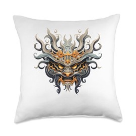 Scary Yokai Oni Mask Japanese Anime Warrior Throw Pillow
