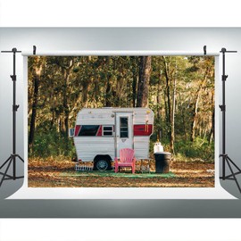 Camp Party Camping Backdrop 9x6ft Sunny Forest Camper Trailer Nature Scenery Photography Background Studio Photo Prop BJYYLU548