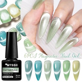 MTSSII 8 Pcs Cat Eye Gel Nail Polish Set Mint Mambo Magnetic Gel Polish 6 Colors with Base Top coat and Magnet Stick Forest Sage Green Soak Off U V LED Nail Lamp Nail Art Manicure Salon