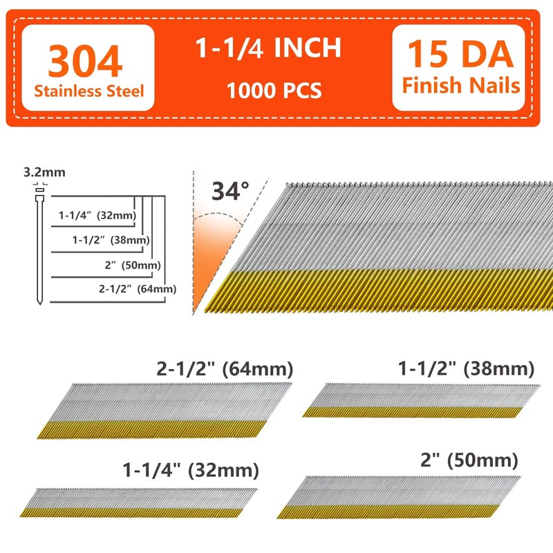 SITLDY 15 Gauge 304 Stainless Steel DA Angled Finish Nails,