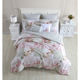 Laura Ashley - Queen Comforter Set, Reversible Cotton Bedding, Includes Matching Shams with Bonus Euro Shams & Throw Pillows (Ailyn Pink, Queen)