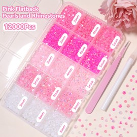 12000 Pcs Pink White Flatback Pearls and Rhinestones for Crafting, 3-5 mm Jelly Resin Rhinestones, Mixed Size Half Pearl Bedazzling Gems for Nail DIY Crafts Mugs Bottles Tumblers Clothes Makeup