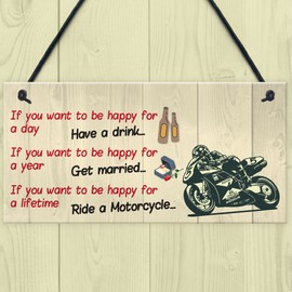 RED OCEAN Happy Life Motorcycle Funny Motorbike Man Cave Hanging Plaque Garage Gift Sign