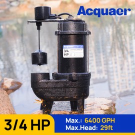 Acquaer Sewage Pump Submersible Water Pump with Automatic Float Switch, for Sump Basin, Residential Sewage, Black, 2'' NPT 3/4 HP 6400 GPH Vert. Float