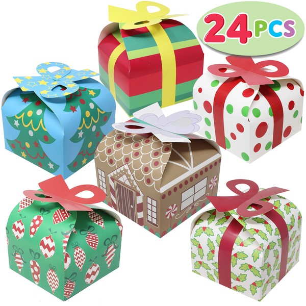 24 Pieces 3D Christmas Goody Gift Boxes with Bow for Holiday Xmas Goodie Paper Boxes, School Classroom Party Favor Supplies, Candy Treat Cardboard Cookie Boxes.