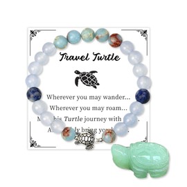 Travel Turtle Bracelets for Women Travel Essentials Accessories Green Aventurine Yellow Tiger Eye Stone Tiny Turtles Figurines Good Luck Travel Gifts for Women (Travel Turtle Bracelet-Blue)
