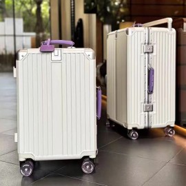 Overseas in Stock Aluminum Suitcase Set Large Capacity Multifonction Cabin Wide-trolley Carry on Bag Removable Spinner Wheelsluggage size: 20", color: White match purple