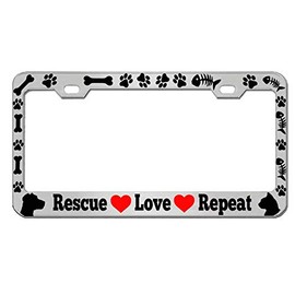 Rescue Love Repeat Animal Lover Design Heavy Duty Metal Car License Plate Frame Auto Tag Holder