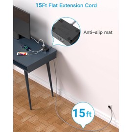 Black Flat Plug Power Strip, 15Ft Ultra Thin Flat Extension Cord, 3 Outlets 3 USB Ports(2 USB C) Multi Plug Outlet Extender with No Surge Protector for Cruise, Dorm Room Essentials