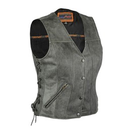 Womens Riding Vintage Grey Distressed Side lace snap Button Leather Biker Vest(XL)