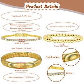 Oidea Women's Golden Stackable Bracelets Set: Chunky Stretch Link Chain Bracelet Cubic Zirconia Tennis Bracelet Beaded Bracelet Trendy Jewelry Gift for Women Non Tarnish