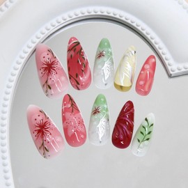 MERVF Almond Press on Nails Medium Fake Nail Colorful Aura Glue ons 3D Flower Design Stiletto Acrylic Elegant Butterfly Leaf Handmade Art Manicure Glossy 24pcs