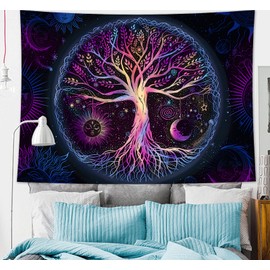 FORATER Tree of Life Tapestry Wall Hanging Trippy Life Tree Tapestries Psychedelic Sun and Moon Galaxy Wall Tapestry for Bedroom Living Room Dorm (61 x 82 Inch, Multicolor)