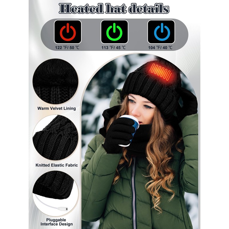 Cutecrop 3 Pcs USB Heated Hat Scarf Gloves Set for