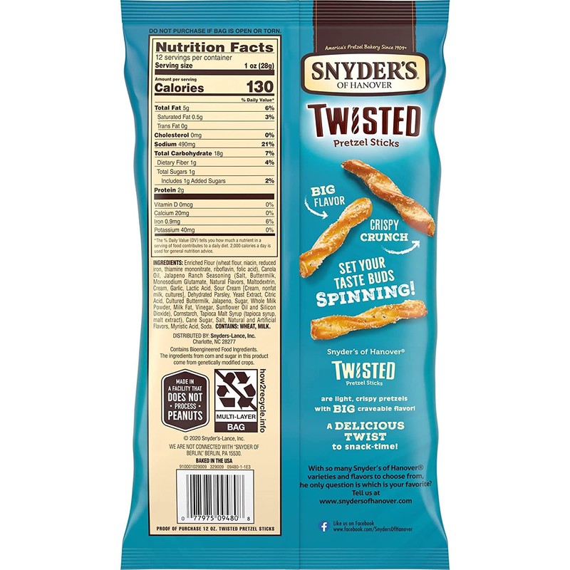 Snyder's Jalapeno Ranch Twisted Pretzels 12oz (Pack of 4)