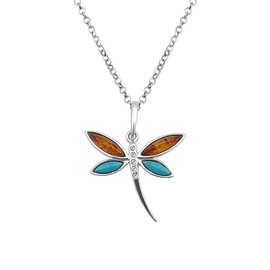 Kiara Jewellery 925 Sterling Silver Dragonfly Pendant Necklace Inlaid with Brown Baltic Amber and Turquoise on 18 Inch Sterling Silver Chain., Sterling Silver, Amber