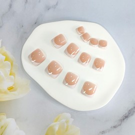 French Tip Press on Toenails Short Square Fake Toe Nails Nude False Toenails Acrylic Toe Nail Press ons White French Glossy Full Cover Stick on Toenails for Women Girls 24Pcs