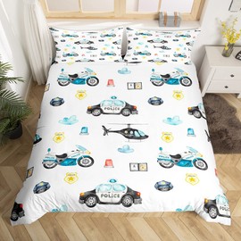 Kids Police Car Duvet Cover Set Single Size,2 Pieces Breathable Policeman Motorcycle Bedding Sets(1 Duvet Cover+1 Pillowcase),Children Blue Red White Printed Comforter Cover Set for Teens Boys