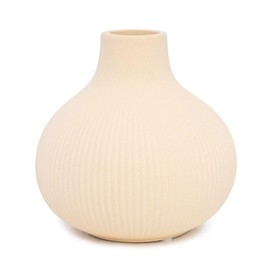 Modern Ribbed Ceramic Vase – Round Bisque Pottery Flower Vase for Home Décor, Mantel, and Shelf Styling – Minimalist Decorative Vase for Living Room, Office, or Bedroom – 6” W x 6” H