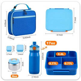 JXXM Bento Lunch Box for Kids with Thermos, Leakproof Bento Box with 8oz Insulated Food Jar, Insulated Bottle, Lunch Bag, BPA Free Dishwasher Safe 4 Compartment Container for School Girls Boys (Blue)