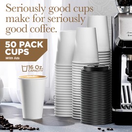 Disposable White Coffee Cups with Lids 16 oz (50 Pack) - To Go Paper Coffee Cups for Hot & Cold Beverages, Coffee, Tea, Hot Chocolate, Water, Juice - Eco Friendly Cups