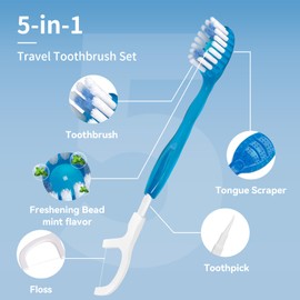 Kucbraly Kucbraly Disposable Mini Travel Toothbrushes, 5-in-1 Pre-Pasted Mini-Brush+Floss+Pick+Tongue Scraper, On The Go Toothbrush with Freshening Bead, Coolmint, 20 Count