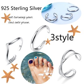 KRFY Sterling Silver Toe Rings for Women 925 Pinky Ring Women Minimalist Beach Foot Jewelry 3Pcs Adjustable Sterling Silver Toe Ring Set